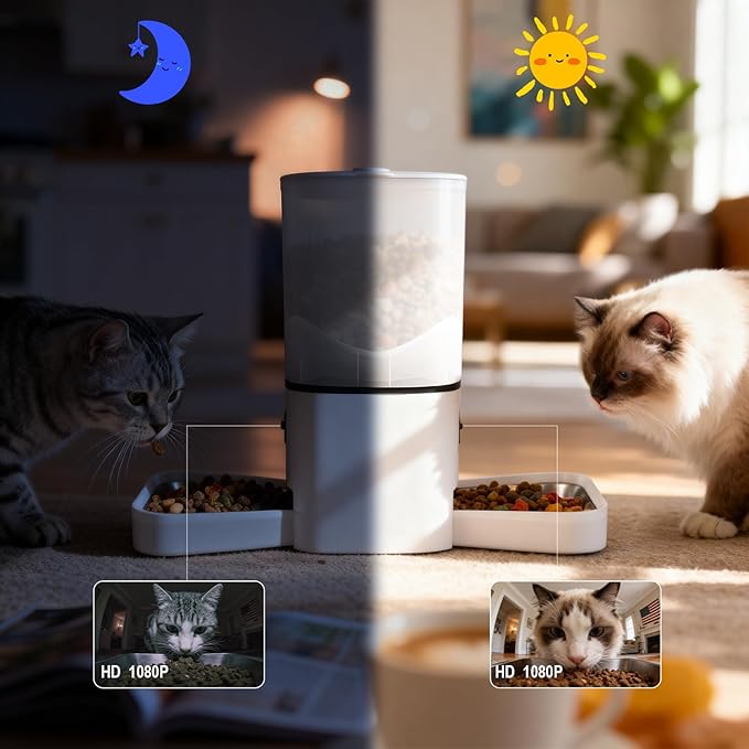 Automatic Cat Feeder with Dual HD Cameras for 2 Cats, 5G/2.4G WiFi Smart Pet Feeder with Night Vision, APP Control, Portion & Schedule Feeding, Multi-Pet Auto Food Dispenser-6L