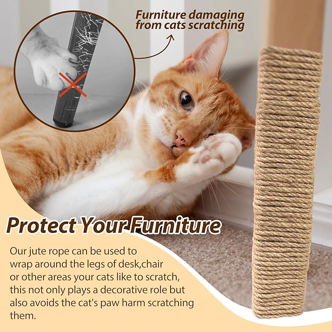 Natural Sisal Rope for Cat Scratcher,1/4 inch,164Ft,Natural Jute Rope for Cat Scratcher Repair and DIY Tree, Recovering, Hemp Twine Rope for Cat Scratching Post Tower Replacement with Chew Toy