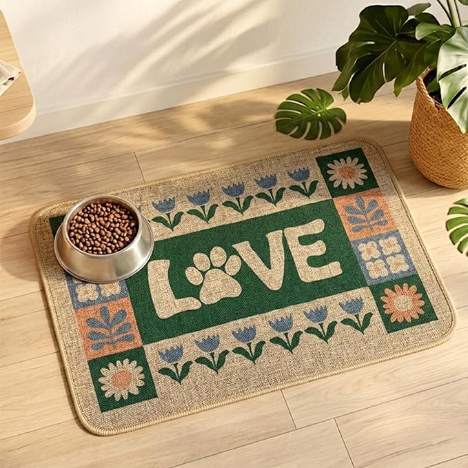 Dog Food Mats for Floors, Waterproof Quick Dry for Cat Bowl Food and Water, Eco-Friendly Accessories Pet Supplies(12"x20", Love Flower)