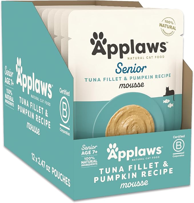 Applaws Senior Natural Wet Cat Food in Mousse, Limited and Natural Ingredients, High Protein with No Artificial Additives, Tuna Fillet & Pumpkin (24 Count, 2.47 oz Pouches)