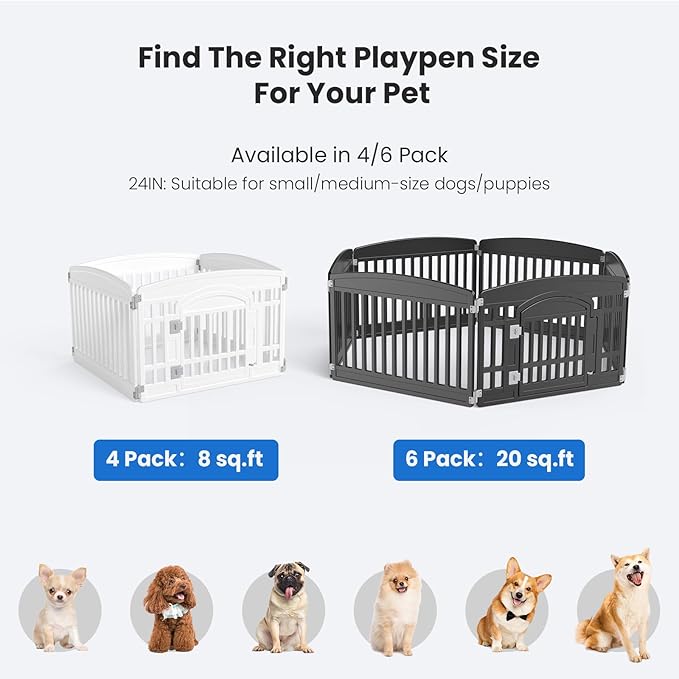 NEWBULIG Dog Playpen 6-Panel, 24IN Puppy Playpen, Stable Dog Play Pen Indoors/Outdoor with Secure Locking Door, Plastic Pet Fence for Small & Medium Dogs