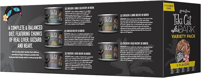 Tiki Cat After Dark, Variety Pack, High-Protein and 100% Non-GMO Ingredients, Wet Cat Food for Adult Cats, 5.5 oz. Can (8 Count)