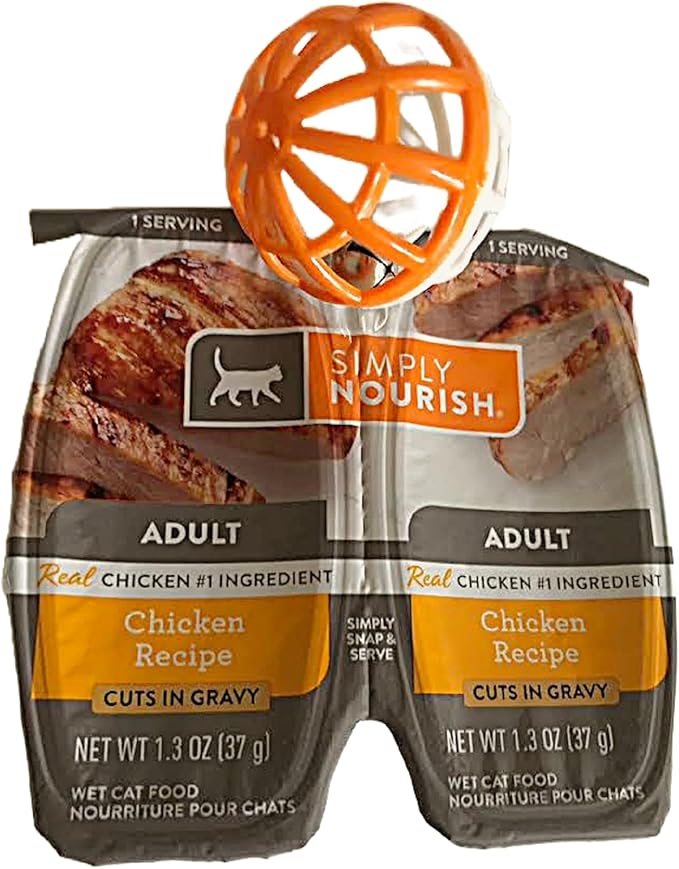 SIMPLY NOURISH Adult Cat Food Cuts in Gravy. 6 Split-Packs of 2 Individual Servings. 2.65 OZ Each. Plus Cat Toy Will Vary (Chicken Recipe)