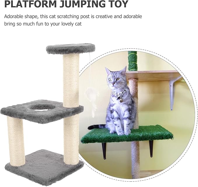 BESTonZON Multi-Layer Sisal Cat Scratcher with Mouse Three-Tier Sturdy Kitten Climbing Tower Gray Cat Scratch Post for Indoor and Daily Use