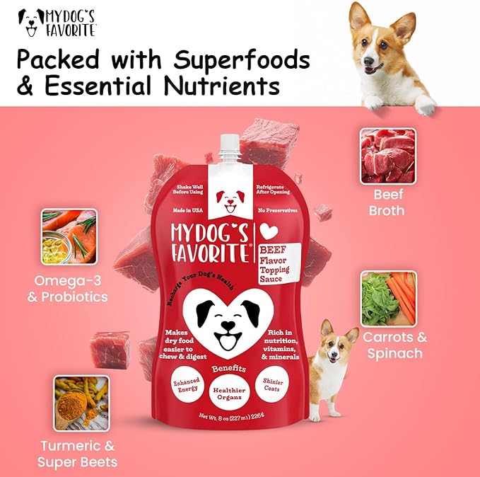 My Dog's Favorite Organic Dog Food Topper - Beef Omega-3 Probiotics & Turmeric for Digestion & Immunity Support - High-Protein Meal Enhancer for Picky Eaters - Healthy Wet Food Topping (8oz)