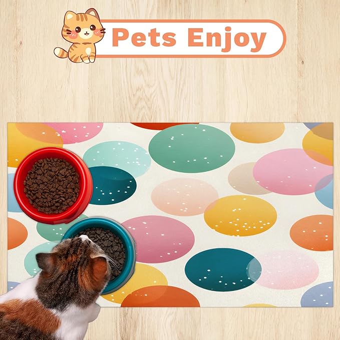 Polka Dot Dog Food Mat for Floors Absorbent Dog Bowl Mat for Food and Water Dispenser Quick Dry Cat Food Placemat Pet Supplies 24" x 32", Circle