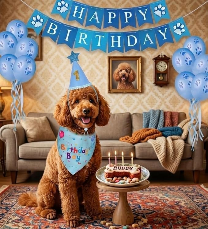 Dog Birthday Party Supplies, Dog Birthday Bandana Set, Dog Boy Girl Birthday Party Hat with Numbers,Flag, Balloon for Large Medium Small Dogs Pet (Blue)