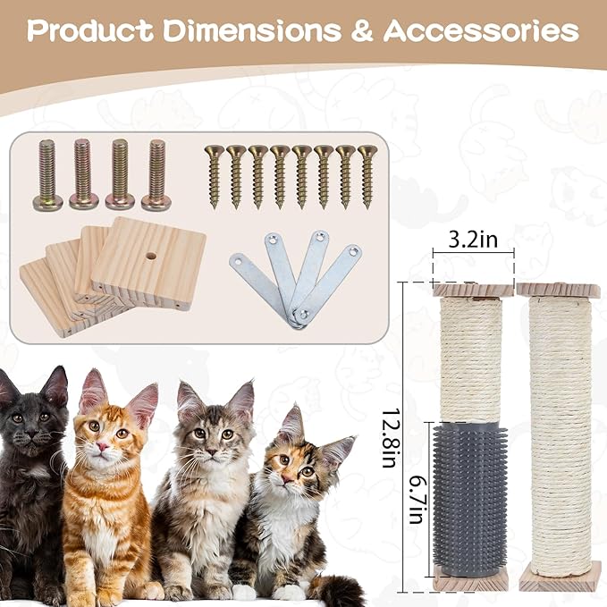 2 Pack Cat Scratching Post for Crate Cage, Wall Mounted Cat Scratcher Post with Self Groomer and Massager, Cat Cage Scratcher Pole to Scratch and Climbing 12.2x2.4in (White, 2 Massager)