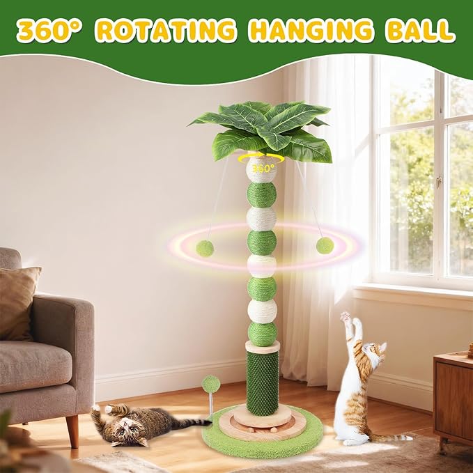 Cat Scratching Post,41'' Tall Cat Tree 3.8'' Diameter Sisal Rope Scratching Posts for Indoor Cats Adults,Cat Scratcher Ball with 360° Rotating Hangling Ball,Wood Interactive Ball Toy for Cats Kittens