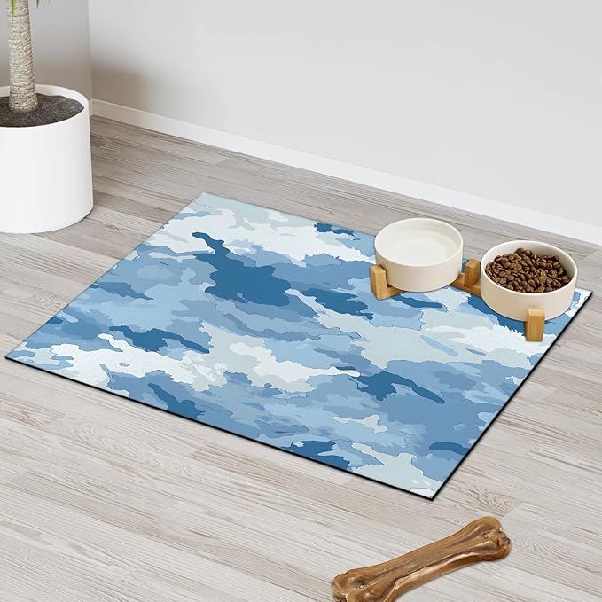 Blue Camo Dog Food Mat for Floors Absorbent Dog Bowl Mat for Food and Water Dispenser Quick Dry Cat Food Placemat Pet Supplies 16" x 24", Camouflage
