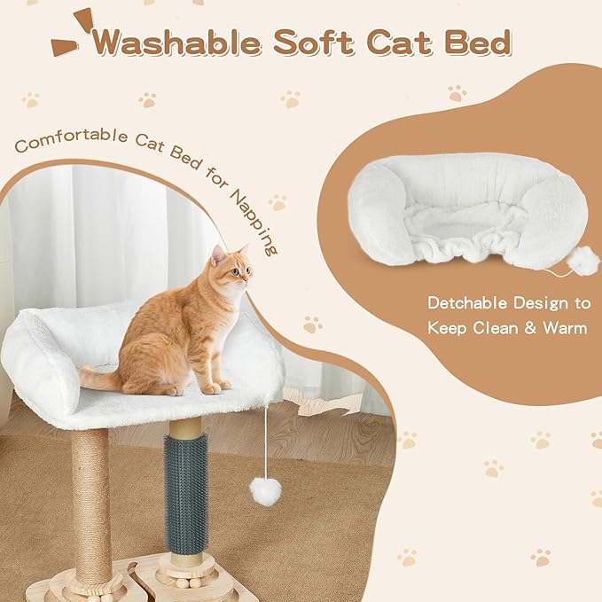 Scratching Post with Bed for Indoor Small Kittens, 4 in 1 Cat Tree with Self Groomer, Track Balls, Natural Sisal Cat Tower with Interactive Toy