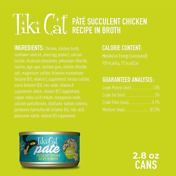 Tiki Cat Luau Pâté, Succulent Chicken Recipe in Broth, Grain-Free Balanced Nutrition Wet Canned Cat Food, for All Life Stages, 2.8 oz. Cans (Pack of 12)