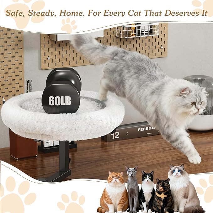 VERIFOST Adjustable Cat Desk Bed, 360° Rotatable Elevated Desk Cat Bed for Home Office, Space-Saving Design Table Supports Up to 60 lbs, Soft Faux Fur Bed with Removable Washable Cover (Beige)