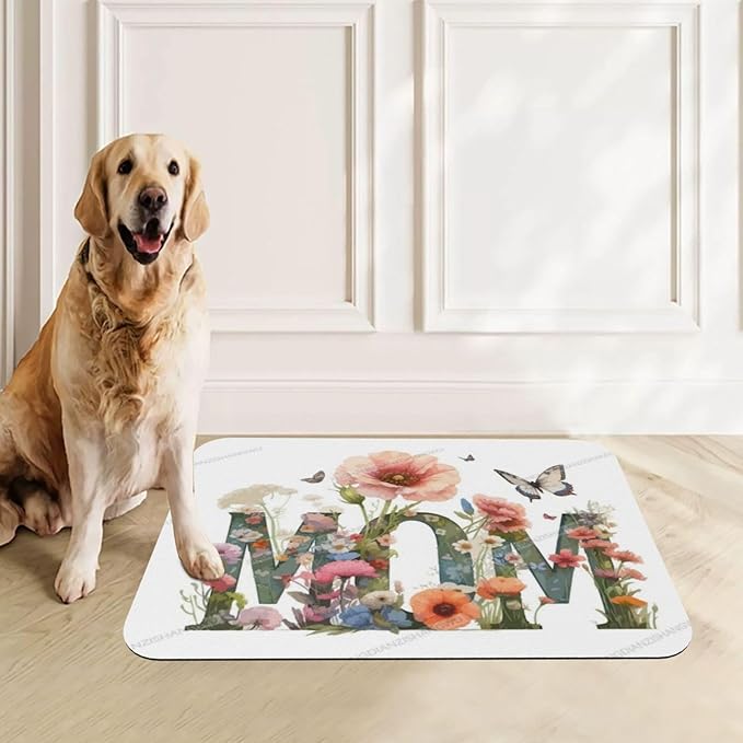 Pet Feeding Mat for Floors Waterproof Dog Mat for Food and Water Happy Mother's Day Floral Gift Mom Jr Absorbent Quick Dry Non Slip Mats Cat Bowls 24x16In