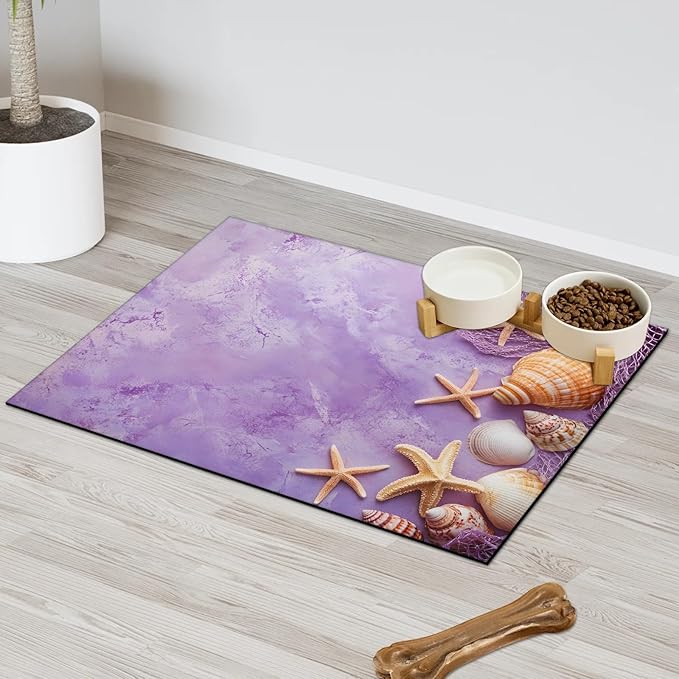 Starfish Shell Dog Food Mat for Floors Absorbent Dog Bowl Mat for Food and Water Dispenser Quick Dry Cat Food Placemat Pet Supplies 16" x 24", Purple