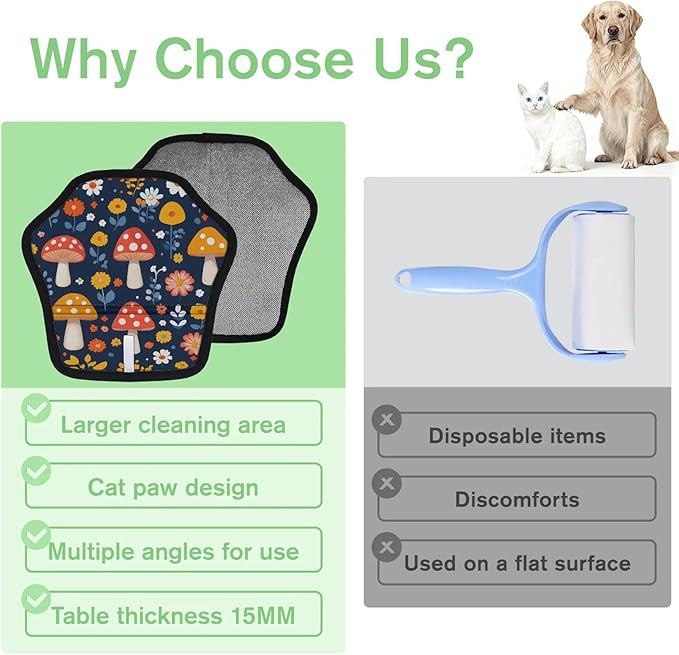 Reusable Pet Hair Removal Glove Cute Mushrooms Flowers Magic Brush for Cat & Dog Hair Remover for Car, Sofa, Bedding, Clothes - 9x9 Mitt Washable