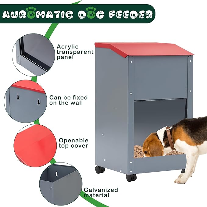 2 Pcs 25 Lbs Large Galvanized Automatic Dog Feeder Dog Food Dispenser Handle Wheel Acrylic Panel Galvanized Gravity Feeder Thickened Rust Proof Outdoor Hanging for Doggie Food Container