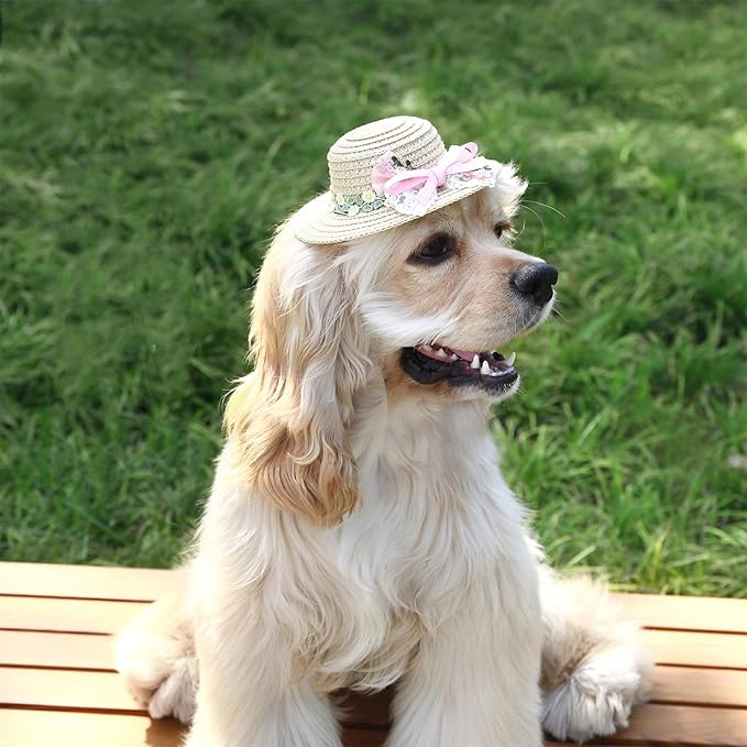 Pet Straw Hat Outdoor Sunbonnet Supplies Flower Lace Puppy with Ribbon Bow Flower Pet