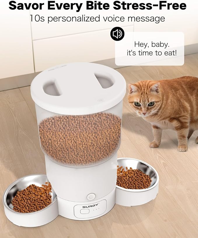SURDY Automatic Cat Feeder with 5G WiFi, 20 Cups/5L Automatic Cat Food Dispenser for 2 Cats Smart Pet Feeder with APP Control for Remote Feeding (White, 5L)
