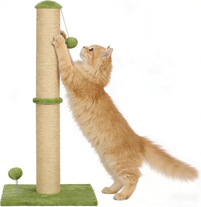 33" Tall Cat Scratching Post, 3-in-1 Durable Sisal Vertical Cat Scratcher Post with Hanging Ball, Soft Fabric Stable Base Cat Scratch Pole for Indoor Cats and Adult, Green