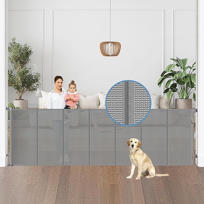 Reinforced 100” Wide Retractable Baby Gates with Support Rods, Upgrade Extra Long Dog Gate for Doorways, Reinforced Retractable Pet Gate to Prevent Crawling Through, Mesh Gate for Kids and Pets (Gray)