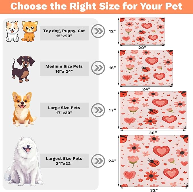 Red Ladybird Dog Food Mat for Floors Absorbent, Quick Dry Water Dispenser Mat for Food, Water, Pet Supplies 12" x 20", Spring Flower