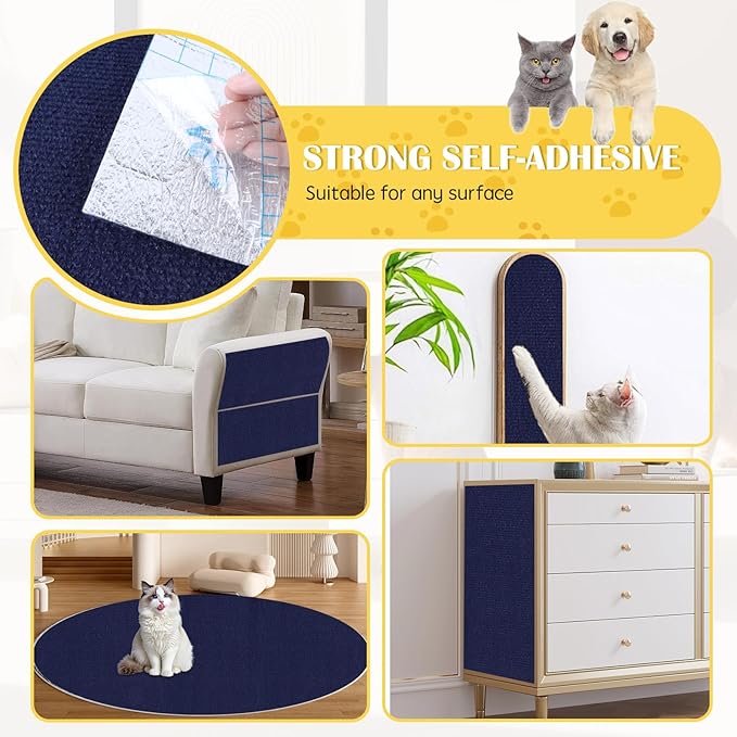 Self-Adhesive Cat Scratch Mat Trimmable Cat Scratching Post Carpet 79in Durable Carpet Mat Pad Replacement for Cat Tree Shelves Post Couch, Furniture, Walls & Doors DIY Cat Climbing Mat(Dark Blue)