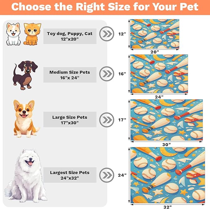 Baseball Dog Food Mat for Floors Absorbent, Quick Dry Water Dispenser Mat for Food, Water, Pet Supplies 16" x 24", Sports Ball