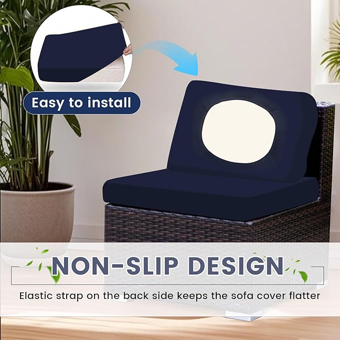 HANDONTIME 8Pcs Patio Cushion Covers Stretch Outdoor Couch Cover Replacement Cushions for Outdoor Furniture Waterproof Patio Furniture Cover for Pets Sofa Covers Washable (Navy,Cover Only)