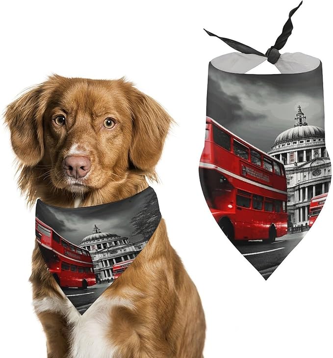 Dog Bandana Spring Pet Scarf Adjustable Triangle Red Bus Printing Dog Bib Washable Polyester Puppy Bandana for Small Medium Large Dogs Cat Birthday Party Supplies