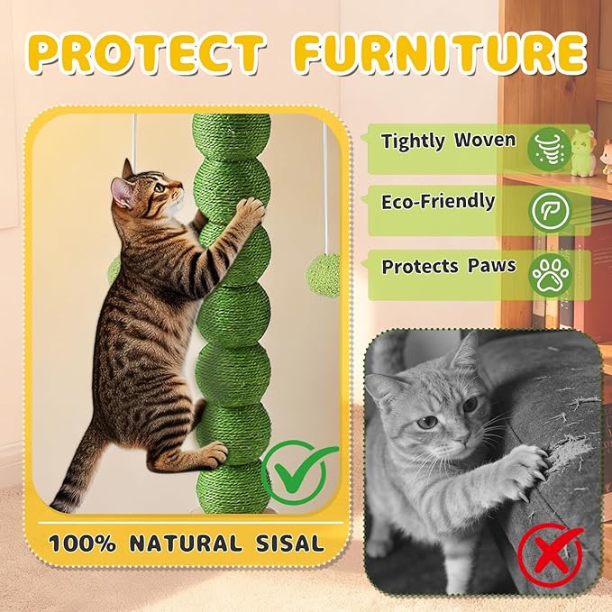 41'' Tall Cat Scratching Post,3.8'' Diameter Sisal Rope Scratcher Ball with Wood Interactive Ball Toy for Indoor Large Cats,Scratcher with 360° Rotating Hanging Ball,Self Groomer Brush for All Cats