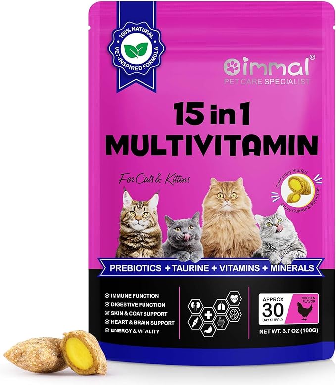 Cat Multivitamin Chews,15 in 1 Cat Vitamins Treats - Multivitamin, Taurine, Omega 3, Biotin, Prebiotics for Health + Immune Support, Skin & Coat, & Digestion (1)