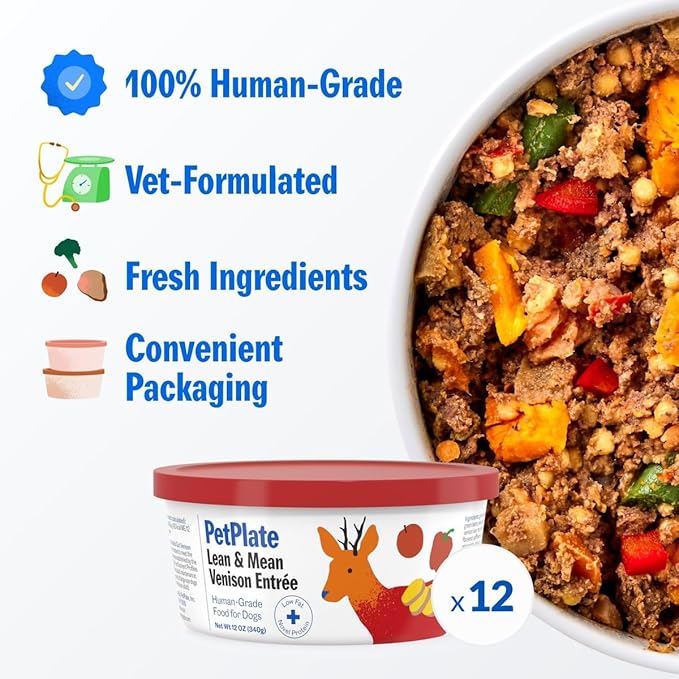 PetPlate Human-Grade Fresh Dog Food, Lean & Mean Venison Entrée – Wet Dog Food for All Breeds – High-Protein, Natural – 12-oz Cups, Case of 12