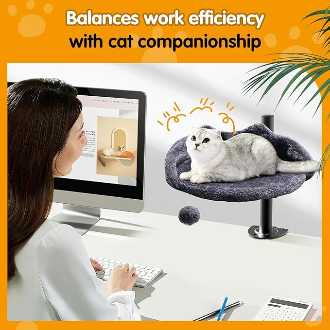 Cat Desk Bed with Adjustable Steel Frame - Faux Fur Fabric Elevated Bed for Indoor - Multi-Functional Pet Cats Mount,Furniture,Perch,Shelf,Raised,Stand-Supports up to 40lbs