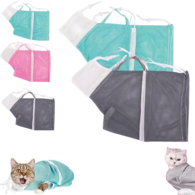 Multifunctional Cat Mesh Bathing Bag, Anti-Bite and Anti-Scratch with Zipper and Drawstrings, Adjustable Breathable Polyester Mesh Restraint for Bathing, Nail Trimming (Green+Grey)