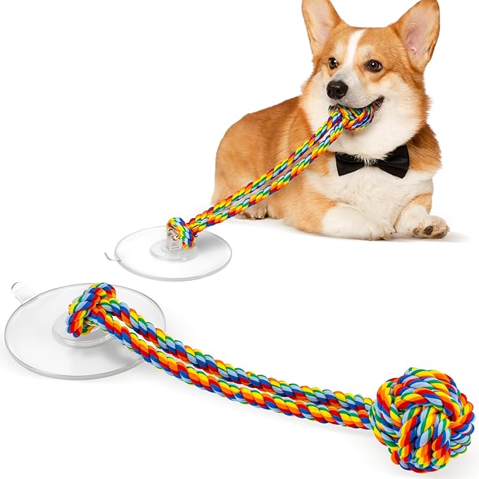Interactive Tug-of-War Dog Toy with Strong Gel Suction Cup,Cotton Tug Rope,Puppy Teething Toy,Indestructible Chew Toy for Aggressive Chewers,for Small to Medium Dogs，Rainbow Colors