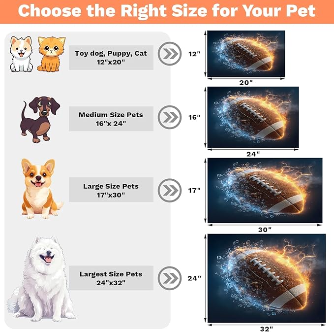 Sports Rugby Dog Food Mat for Floors Absorbent, Quick Dry Water Dispenser Mat for Food, Water, Pet Supplies 12" x 20", Lightning Football
