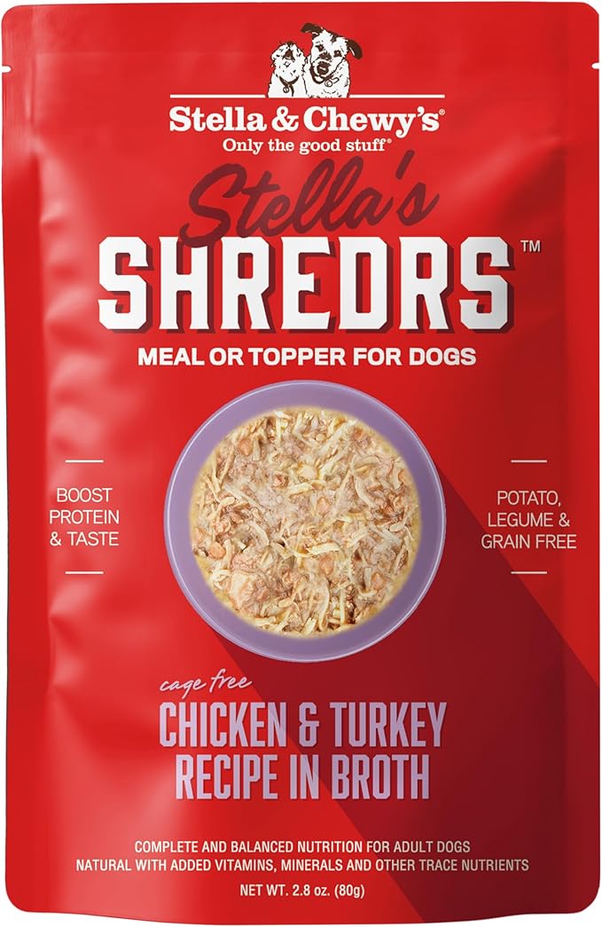 Stella & Chewy's Cage Free Chicken & Turkey Shredrs - Premium Dog Food Pouches - Perfect for Picky Eaters - 12 Pack, 2.8oz Each