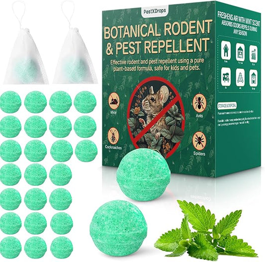 Rodent Mouse Repellent 28 pcs, Peppermint Oil Moth Balls for Mice Rats Deterrent, Natural Pest Control Mothballs for Rodents, Squirrels, Skunk, Mole, Gopher, Pets Safe, Indoor and Outdoor Use