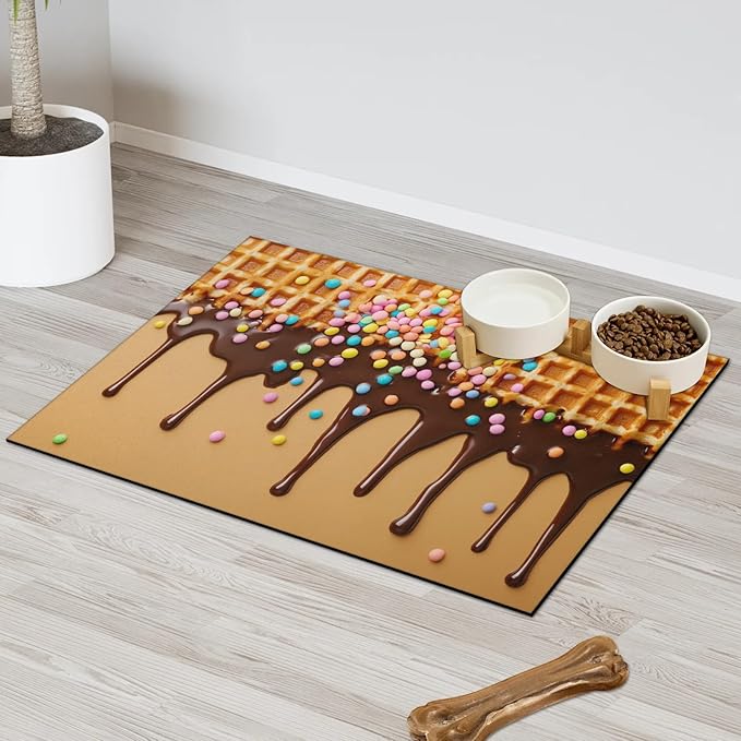 Ice Cream Dog Food Mat for Floors Absorbent Dog Bowl Mat for Food and Water Dispenser Quick Dry Cat Food Placemat Pet Supplies 17" x 30", Chocolate Dessert