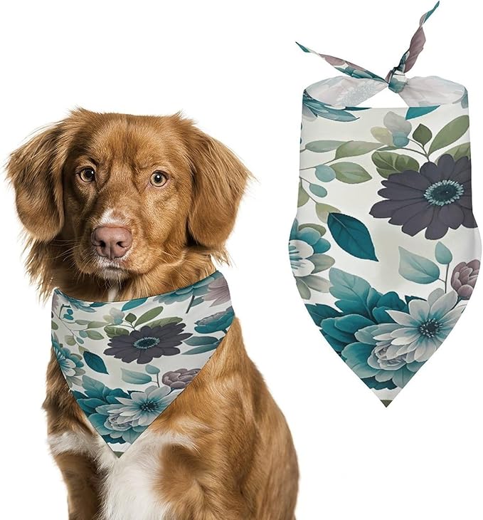 Dog Bandana Spring Pet Scarf Adjustable Triangle Teal Grey and White Floral Printing Dog Bib Washable Polyester Puppy Bandana for Small Medium Large Dogs Cat Birthday Party Supplies