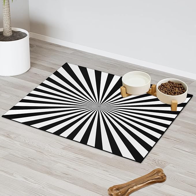 Striped Dog Food Mat for Floors Absorbent, Quick Dry Water Dispenser Mat for Food, Water, Pet Supplies 12" x 20", White Black