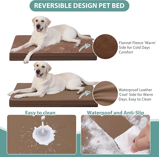 Waterproof XL Dog Beds Large Sized Dog, Orthopedic Washable Crate Pad 42 inch, Extra Large Foam Pet Bed with Removable Cover Reversible, XLarge Durable Anti-Slip Kennel Pad, 41"x27", Brown