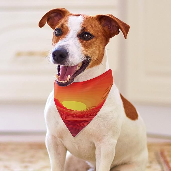 Dog Bandana Spring Pet Scarf Adjustable Triangle Red Sunrise Printing Dog Bib Washable Polyester Puppy Bandana for Small Medium Large Dogs Cat Birthday Party Supplies