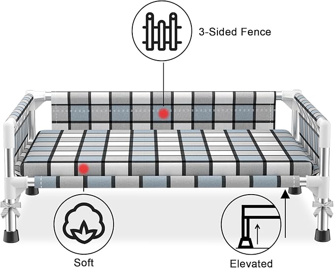 Elevated Raised Outdoor Dog Bed - Cooling Washable Dog Cot with Guardrail, Durable & Breathable Cotton Mesh Pet Hammock Beds with Stainless Steel Pipe Frame for Small Pets (Cushion-M)