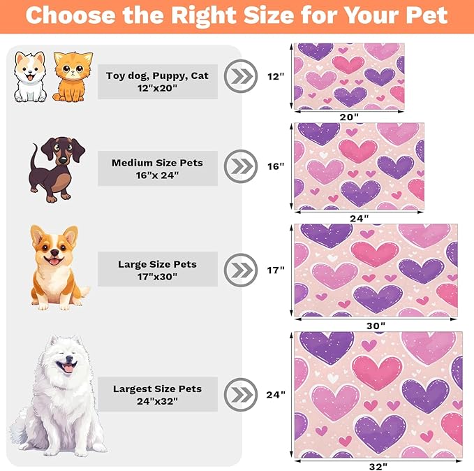 Colorful Heart Dog Food Mat for Floors Absorbent, Quick Dry Water Dispenser Mat for Food, Water, Pet Supplies 16" x 24", Love