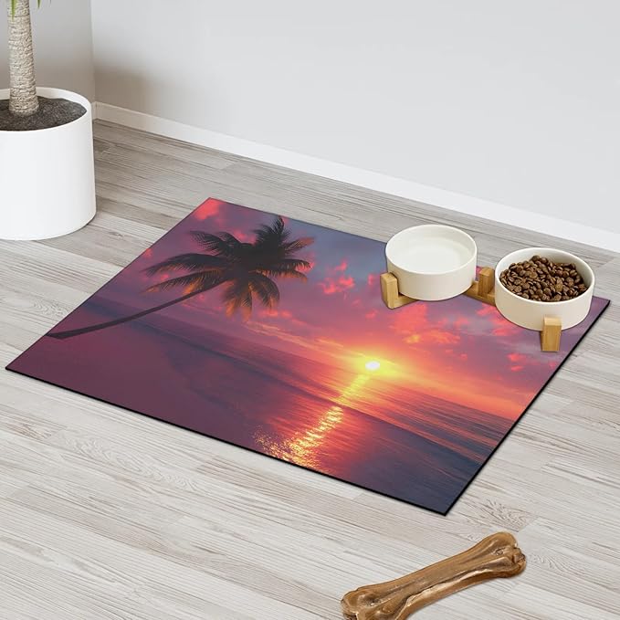 Hawaiian Sunset Dog Food Mat for Floors Absorbent, Quick Dry Water Dispenser Mat for Food, Water, Pet Supplies 17" x 30", Plam Tree
