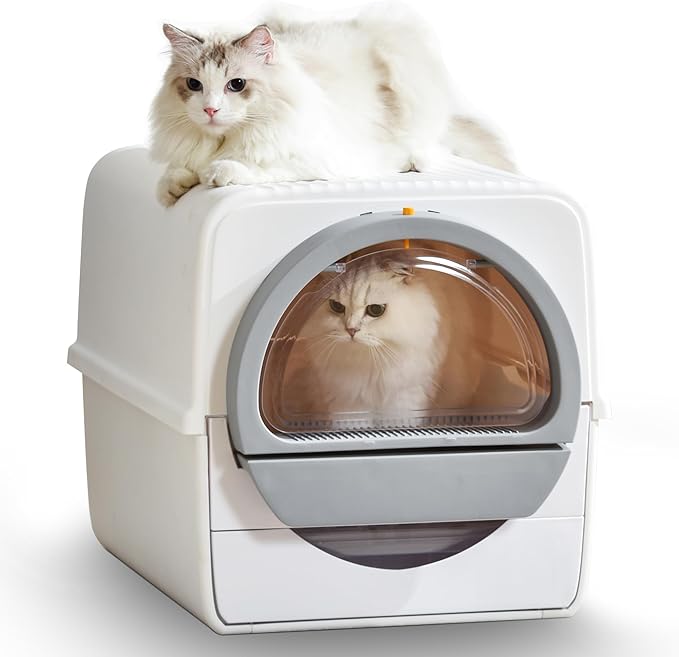 Large Self Cleaning Cat Litter Box for Multiple Cats, Semi Auto Kitty Litter Box with Lid, NoSmell Pull and Scoop Self Cleaning, White & Grey