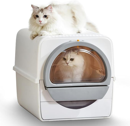 Large Self Cleaning Cat Litter Box for Multiple Cats, Semi Auto Kitty Litter Box with Lid, NoSmell Pull and Scoop Self Cleaning, White & Grey