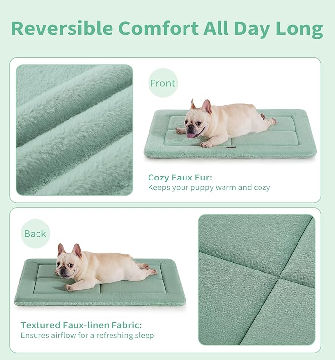 MADE 4 PETS Dog Crate Pad Bed for Medium Large Dogs, Washable & Reversible, Anti-Slip Kennel Mat for Cozy Sleeping, Soft Fluffy Dog Bed for Indoor & Outdoor Use, 35"x23", Green